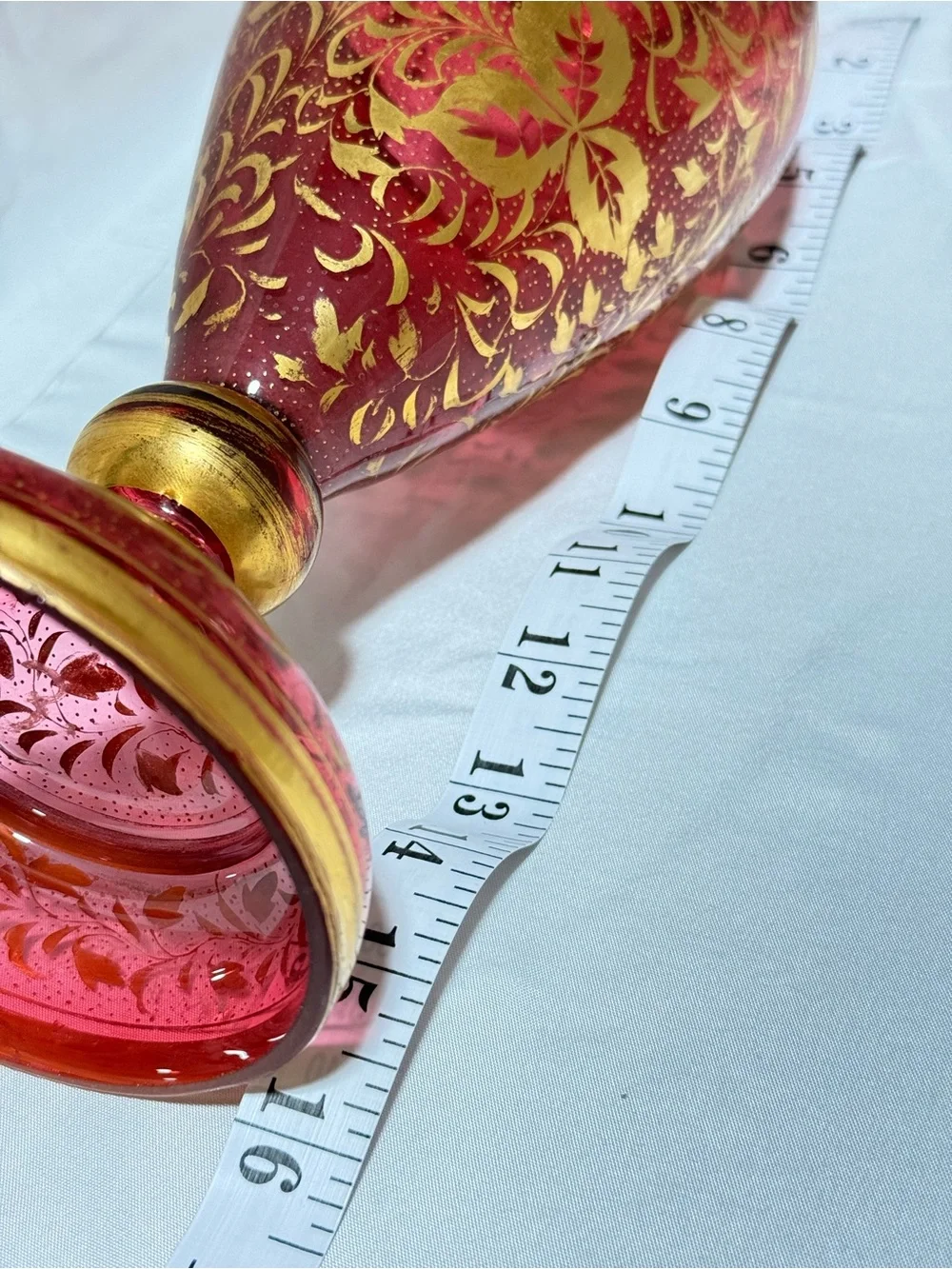 Antique 15.5” Bohemian Cranberry Glass Vase - Hand Painted Portrait & Gold Gilt - Picture 9 of 9